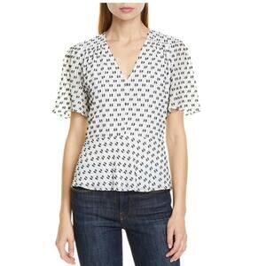Lewit Clipped Dot Blouse Size M White Black Silk Cotton Crepe Flutter Sleeve Top